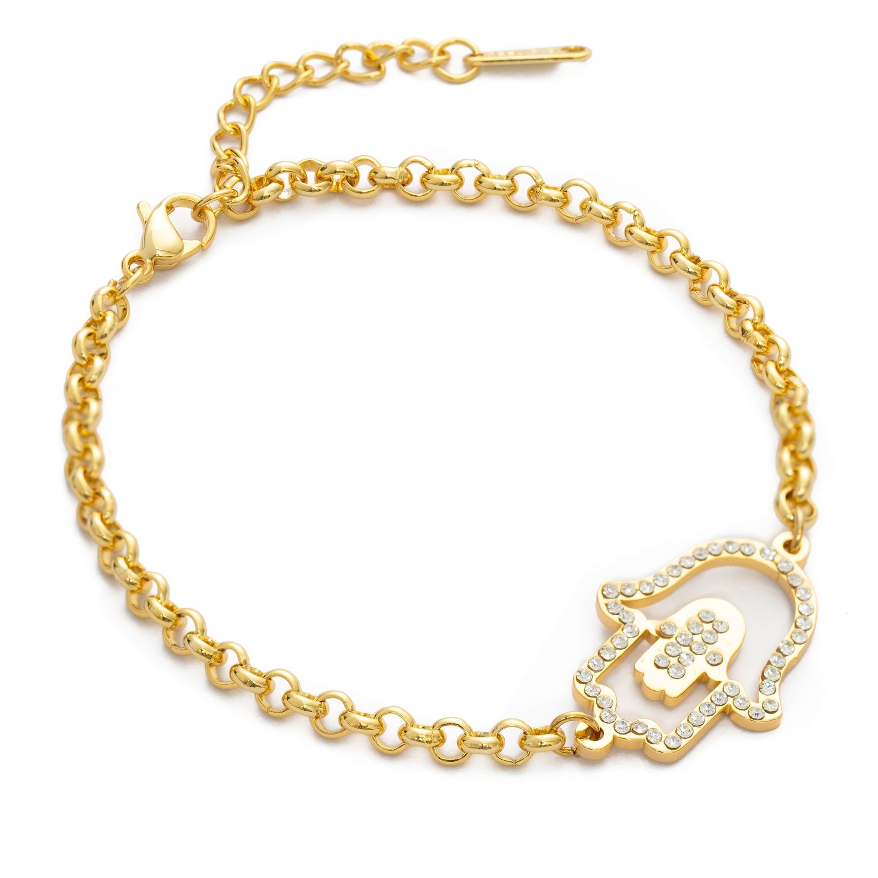 Gold bracelet with a white enameled hamsa hand charm on a white background