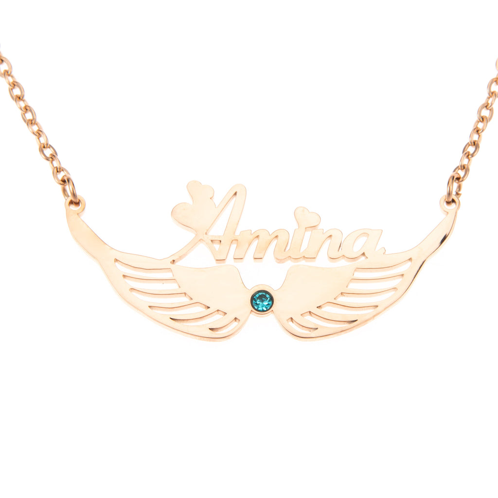 Name and Wings with Birthstone Necklace