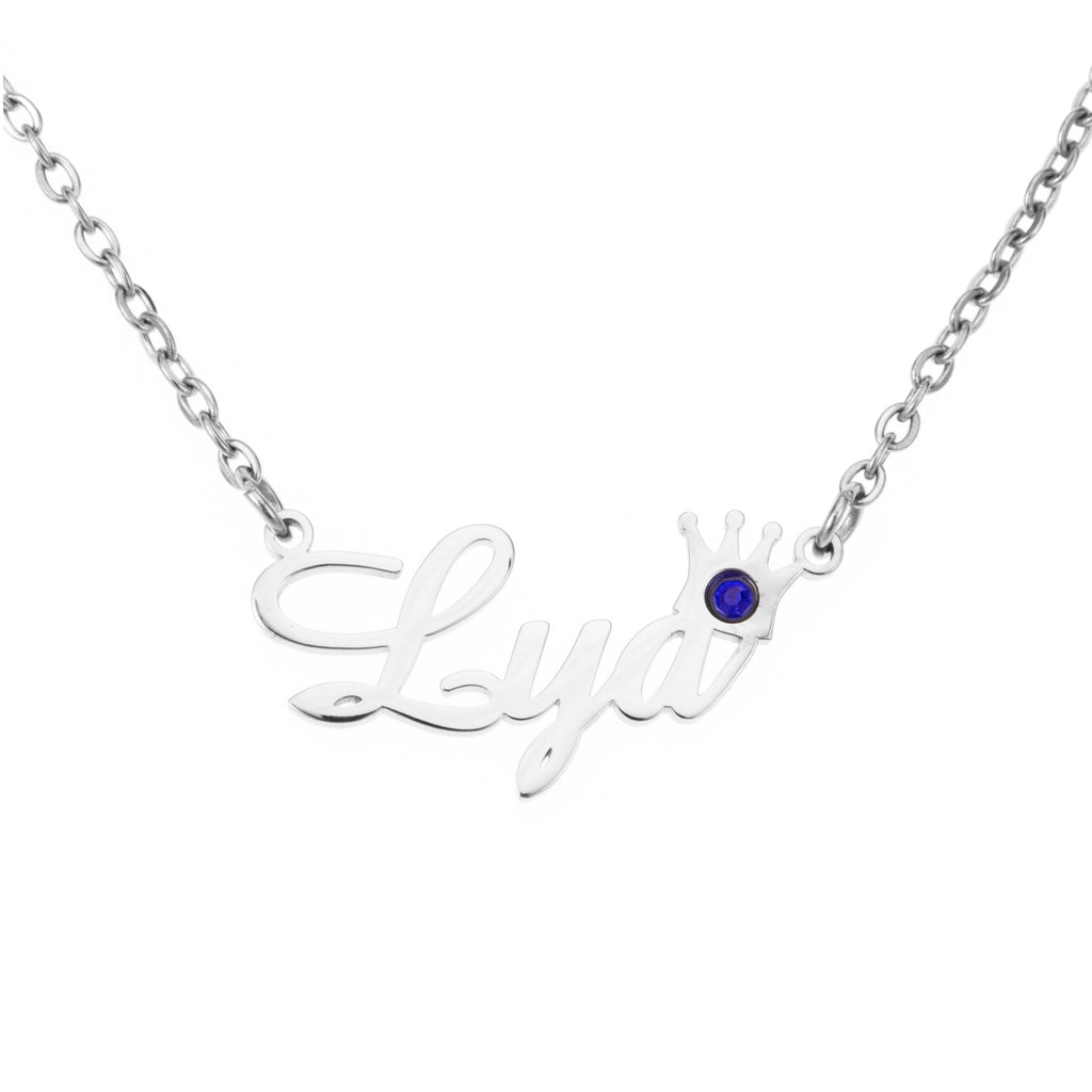 Name and Crown Necklace with Birthstone