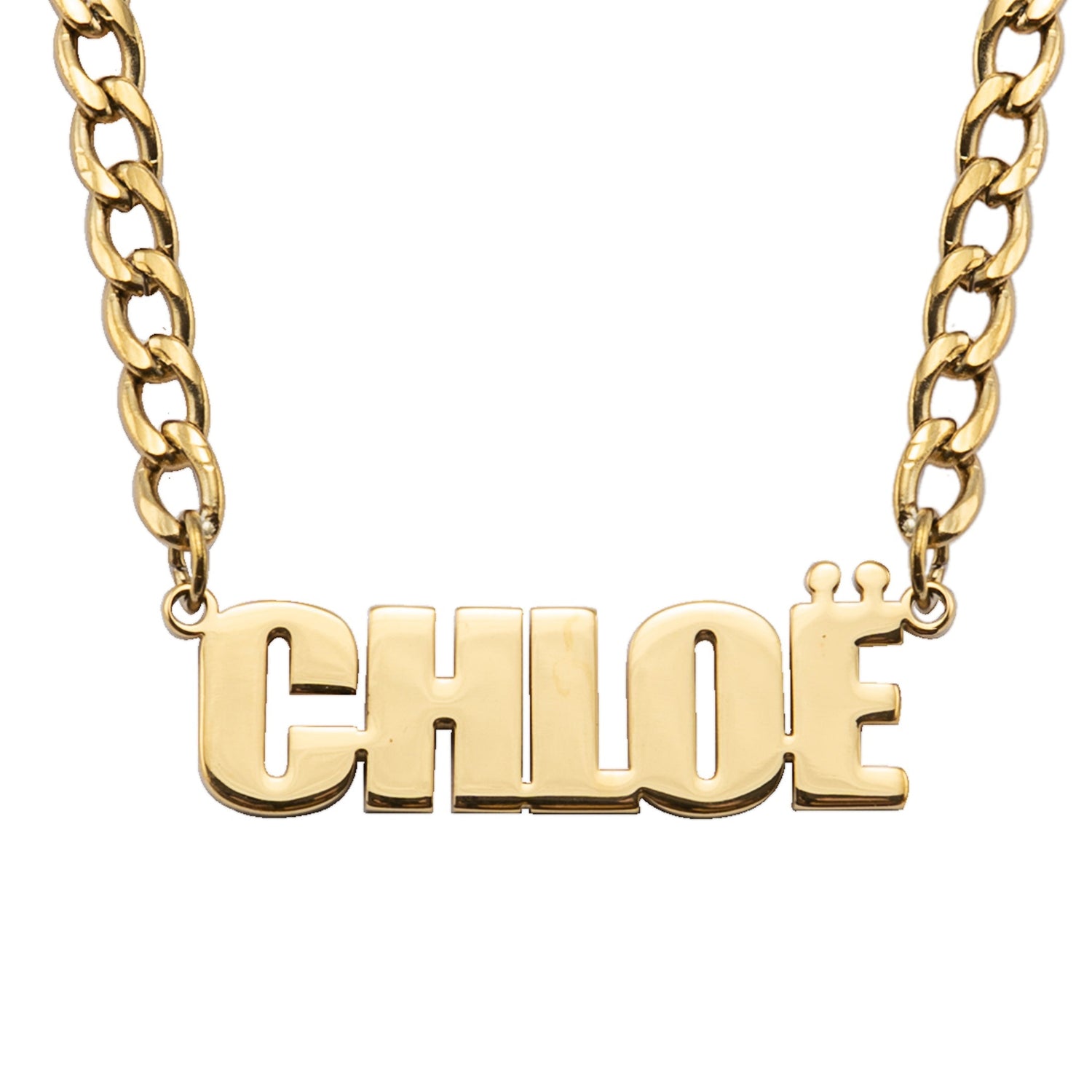 A gold-plated personalised name necklace with the name 'CHLOE' written in bold, standout font, attached to a thick chain.